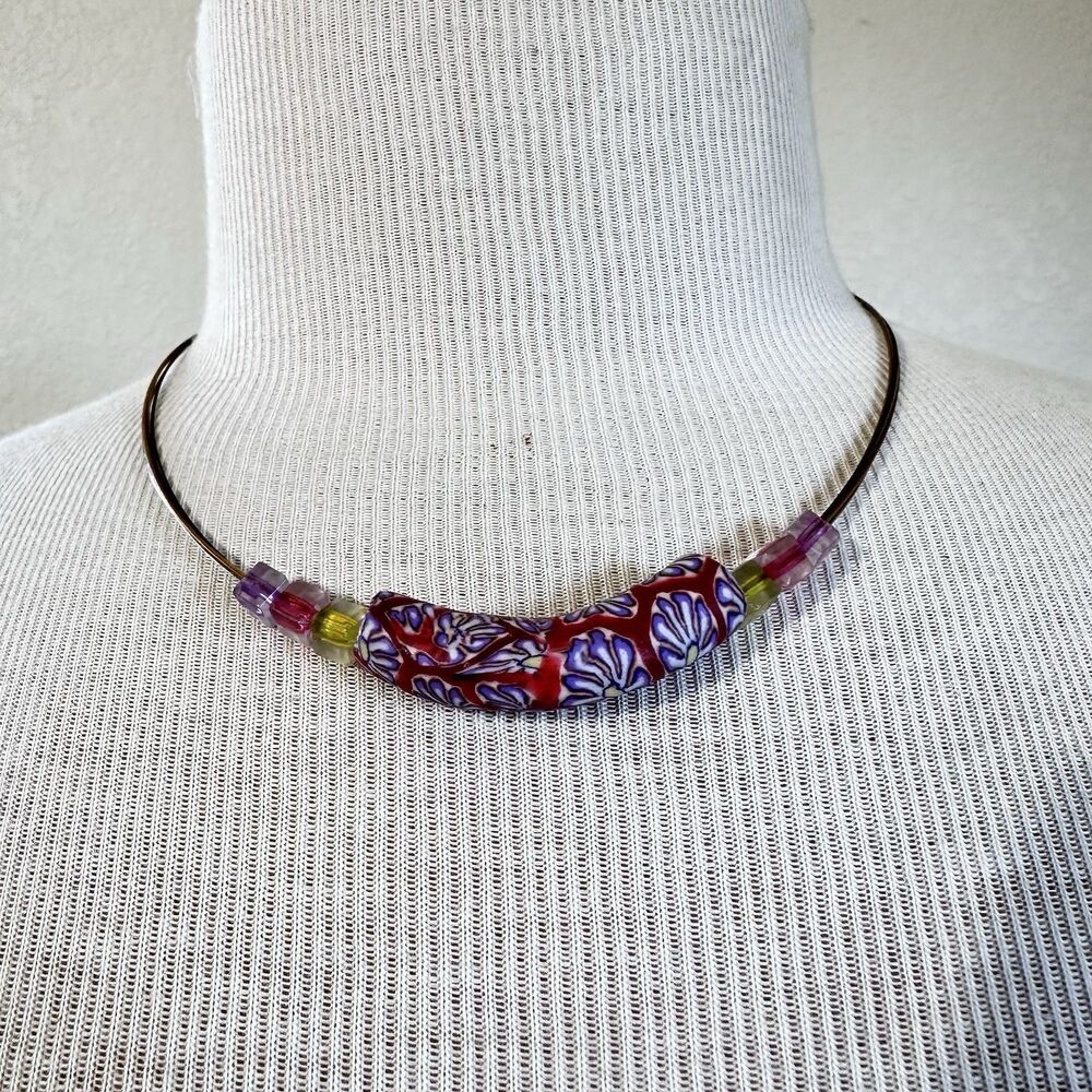 Clay & Beads Necklace Choker Purple & Coral  Coquette Preppy Spring Summer Y2K